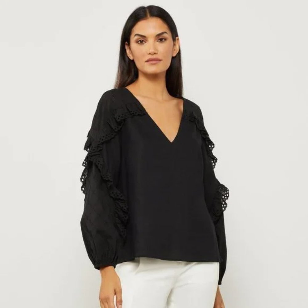 BCBG Black Long Sleeve V-Neck Top (Size 2, XS)